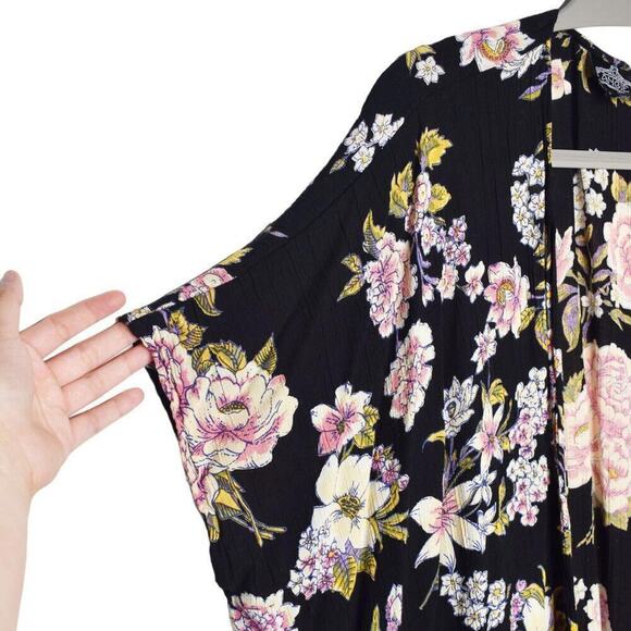 Angie Womens Black Floral Pattern Open Front Flowy Oversized Rayon Kimono Small - Picture 5 of 7